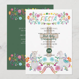 Mexican Fiesta HOLY COMMUNION Folk Flowers Llama Kaart