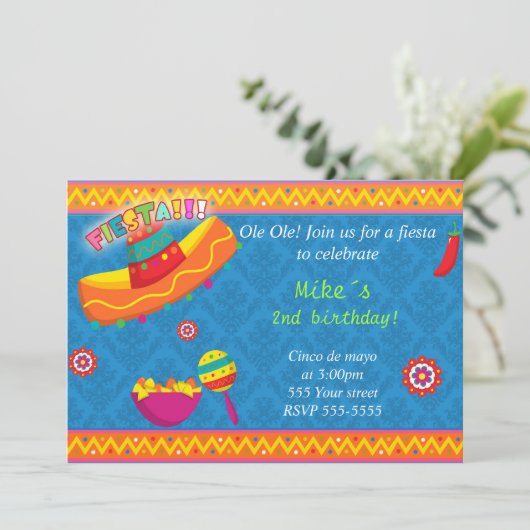 Mexican Fiesta Invitation Boy Birthday Blue Kaart (Staand voorkant)