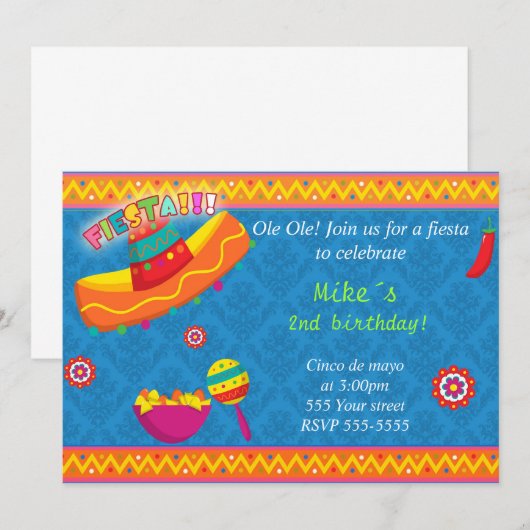 Mexican Fiesta Invitation Boy Birthday Blue Kaart (Voorkant / Achterkant)