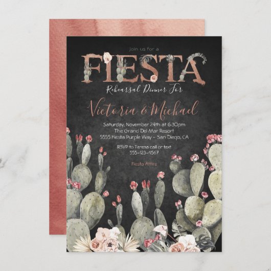 Mexican Fiesta Rehearsal Dinner Cactus Floral Kaart (Voorkant / Achterkant)