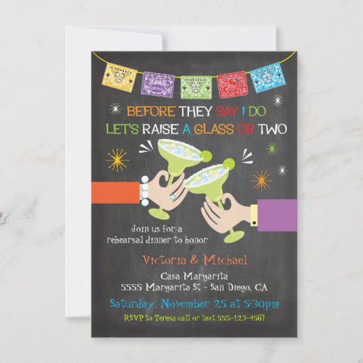 Mexican Fiesta Rehearsal Dinner Chalkboard Kaart (Voorkant)