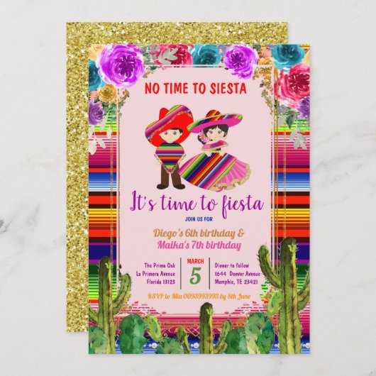 Mexican Fiesta Sibling Birthday Uitnodiging (Voorkant / Achterkant)
