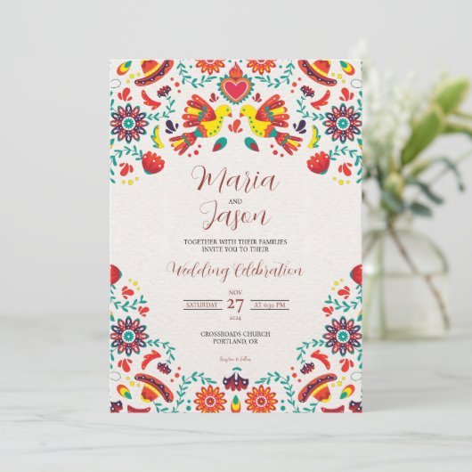 Mexican Fiesta Sombrero Folk Art Wedding Kaart (Staand voorkant)