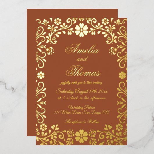 Mexican Fiesta Terracotta Gold Floral Wedding  Folie Uitnodiging (Voorkant / Achterkant)