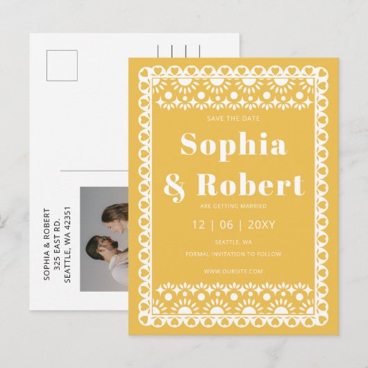 Mexican Fiesta Yellow Papel Picado Bewaar de datum Aankondigingskaart (Voorkant / Achterkant)