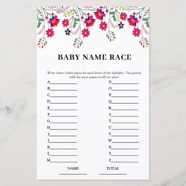 Mexican Floral Baby Naam Race Baby shower Game (Voorkant)