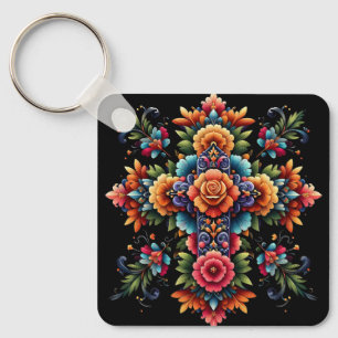 Mexican Floral Cross Design Sleutelhanger