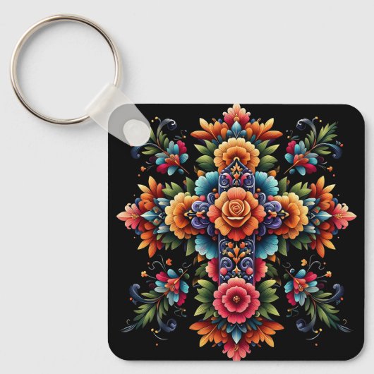 Mexican Floral Cross Design Sleutelhanger (Voorkant)