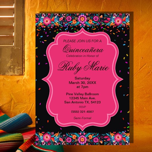 Mexican Floral Fiesta Quinceañera Invitation Kaart