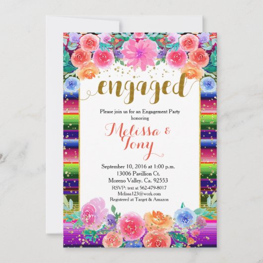 Mexican Floral Gold Glitter verlovingsfeest Kaart (Voorkant)