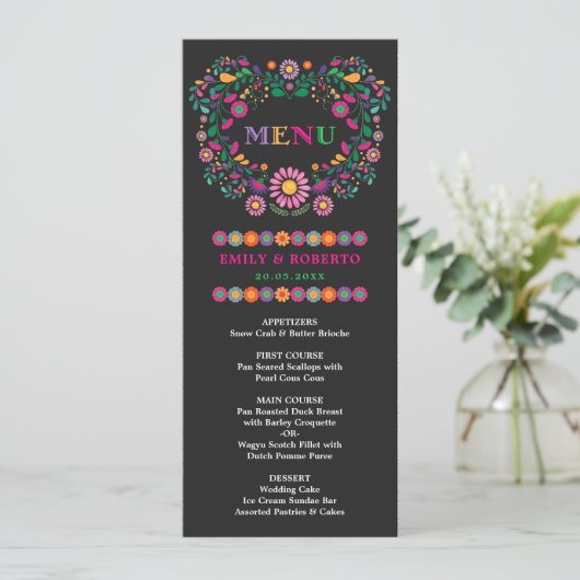 Mexican Floral Pattern Wedding Fiesta Menu Kaart (Staand voorkant)