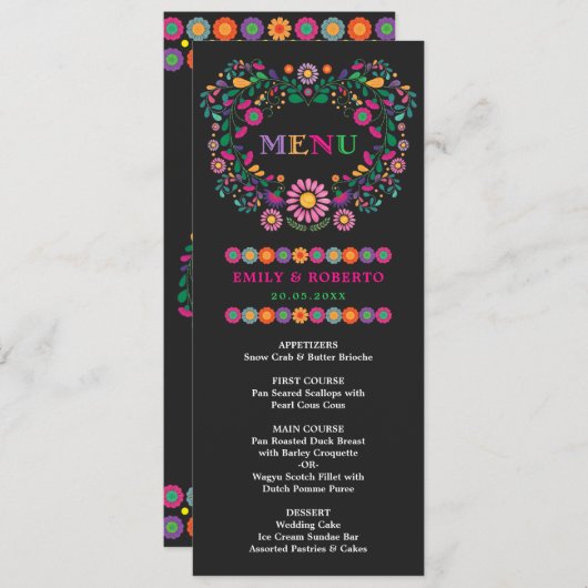 Mexican Floral Pattern Wedding Fiesta Menu Kaart (Voorkant / Achterkant)