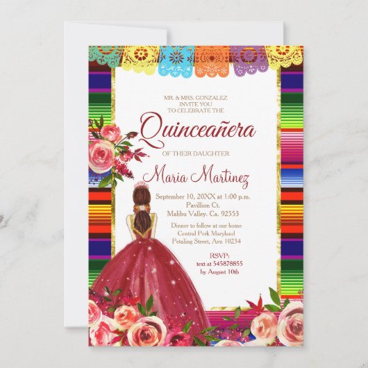 Mexican Floral Quinceañera Invitation Kaart (Voorkant)