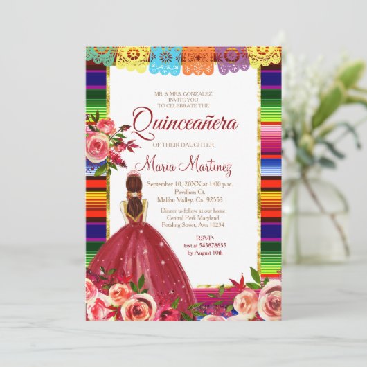 Mexican Floral Quinceañera Invitation Kaart (Staand voorkant)