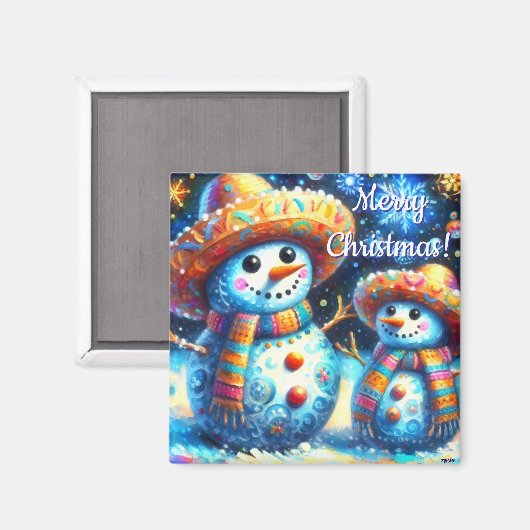 Mexican Folk Art Snowmen Snowman Personalized Magneet (Voorkant / Achterkant)