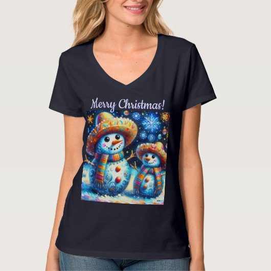 Mexican Folk Art Snowmen Snowman Personalized T-shirt (Voorkant)