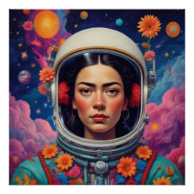 Mexican Girl in Space Frida Style Glossy Poster