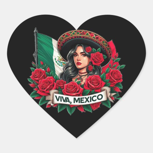 Mexican Girl Viva mexico Vlag illustratie Hart Sticker (Voorkant)