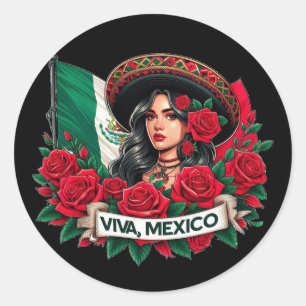 Mexican Girl Viva mexico Vlag illustratie Ronde Sticker