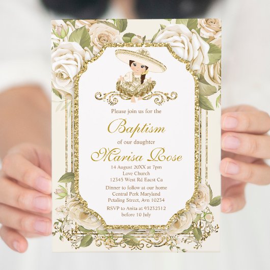 Mexican Gold Fiesta Girl Baptism Christening Invit Kaart