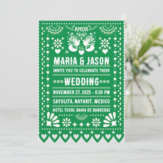 Mexican Green Papel Picado Fiesta Folk Art Wedding Kaart (Staand voorkant)