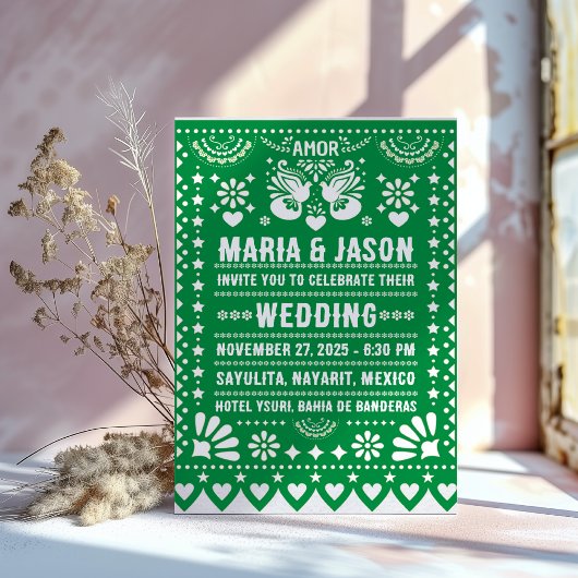 Mexican Green Papel Picado Fiesta Folk Art Wedding Kaart