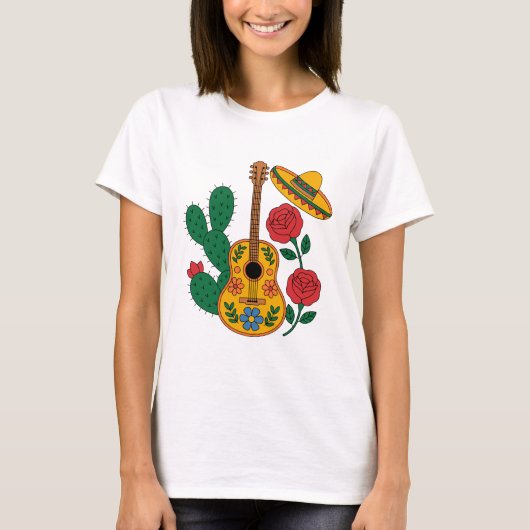 Mexican Guitar Sombrero and Cactus Fiesta Design T-shirt (Voorkant)