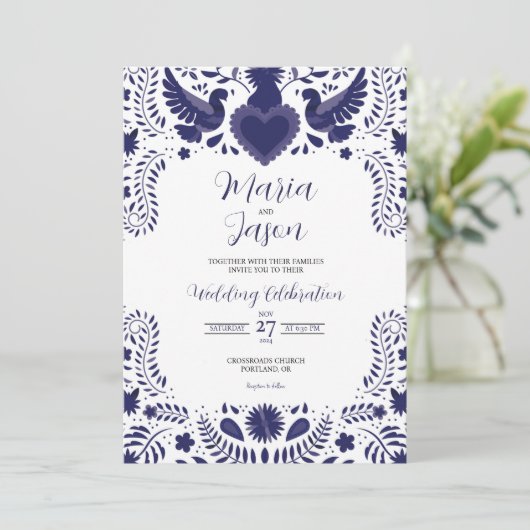 Mexican Indigo Violet Otomi Tenangos Boda Wedding Kaart (Staand voorkant)