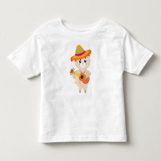 Mexican Llama, Cute Llama, Sombrero, Guitar Kinder Shirts (Voorkant)