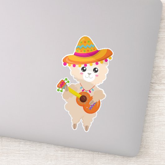 Mexican Llama, Cute Llama, Sombrero, Guitar Sticker (Detail)