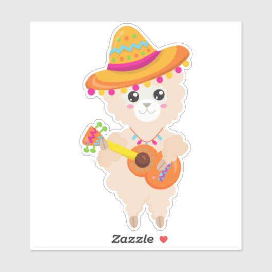 Mexican Llama, Cute Llama, Sombrero, Guitar Sticker (Vel)