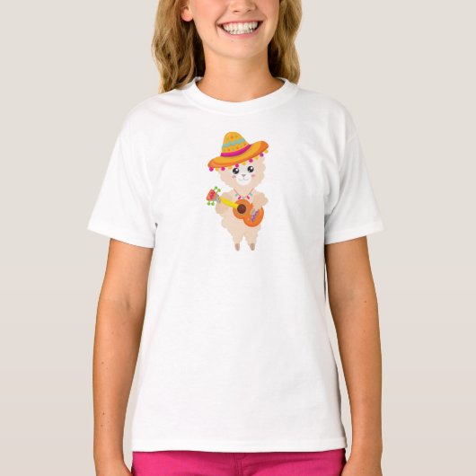 Mexican Llama, Cute Llama, Sombrero, Guitar T-shirt (Voorkant)