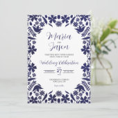 Mexican Navy Blue Floral Classic Aesthetic Wedding Kaart (Staand voorkant)