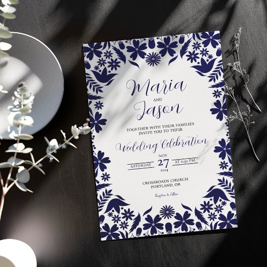 Mexican Navy Blue Floral Classic Aesthetic Wedding Kaart