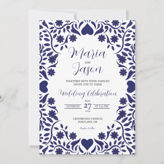 Mexican Navy Blue Floral Elegant Romantic Wedding Kaart (Voorkant)