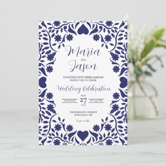 Mexican Navy Blue Floral Elegant Romantic Wedding Kaart (Staand voorkant)