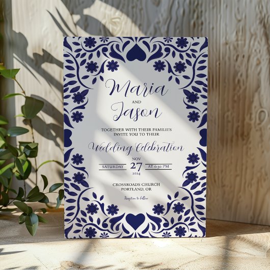 Mexican Navy Blue Floral Elegant Romantic Wedding Kaart