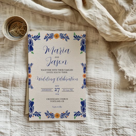 Mexican Navy Blue Minimalist Floral Classy Wedding Kaart