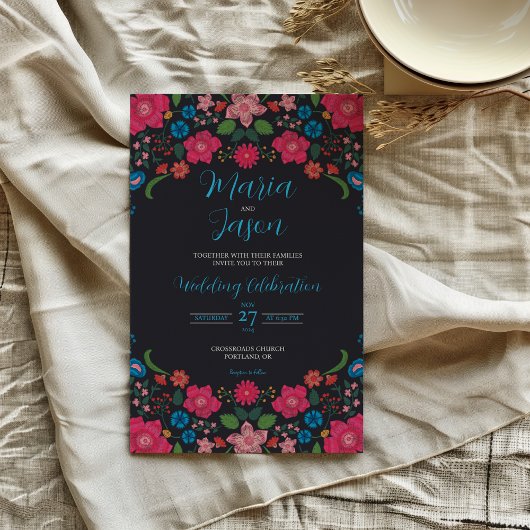 Mexican Navy Floral Colorful Elegant Boda Wedding Kaart