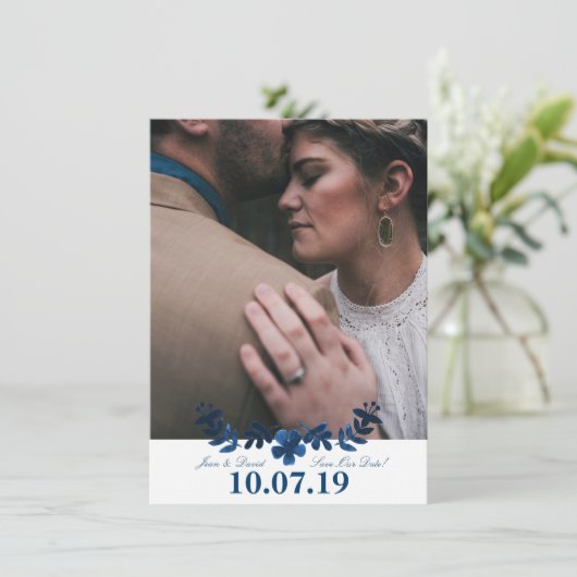 Mexican Otomi Save the Date Card - Navy (Staand voorkant)