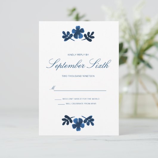 Mexican Otomi Wedding RSVP Kaart - Navy Blue (Staand voorkant)