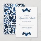 Mexican Otomi Wedding RSVP Kaart - Navy Blue (Voorkant / Achterkant)