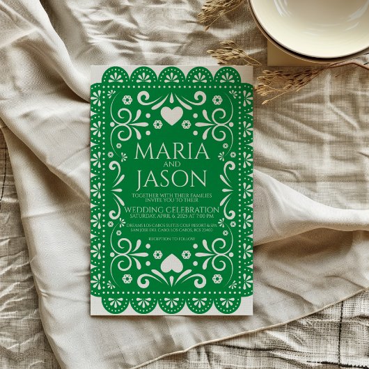 Mexican Papel Picado Green White Folk Art Wedding Kaart