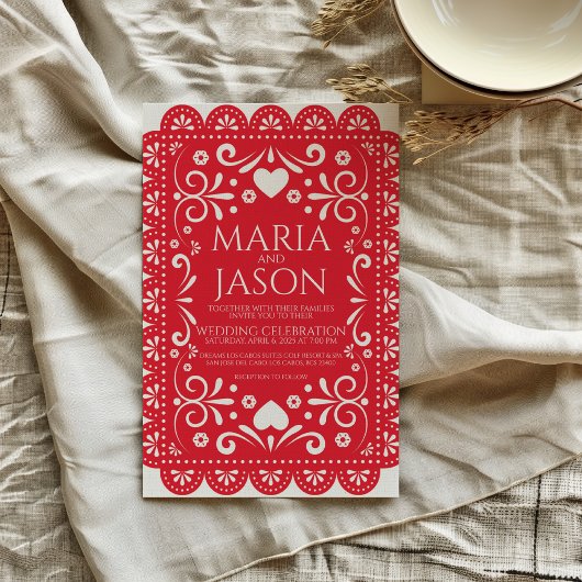 Mexican Papel Picado Red White Folk Art Wedding Kaart