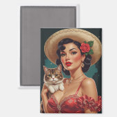 Mexican Pin-Up houdt Schattigee kat vast Magneet (Voorkant / Achterkant)