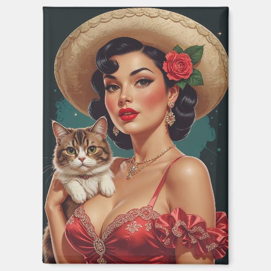 Mexican Pin-Up houdt Schattigee kat vast Magneet (Voorkant)