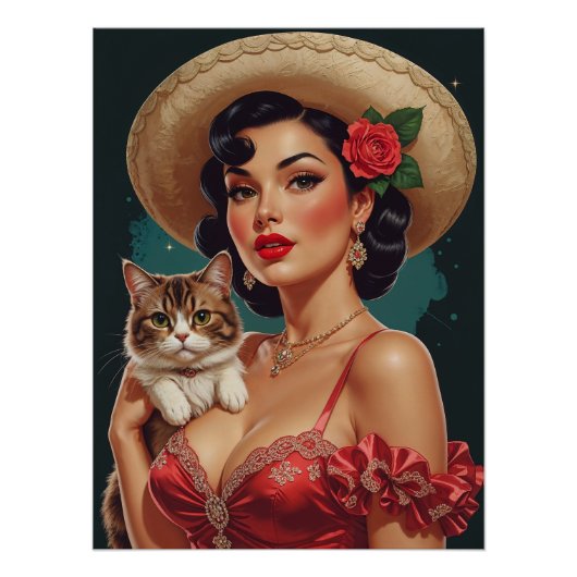 Mexican Pin-Up houdt Schattigee kat vast Perfect Poster (Voorkant)