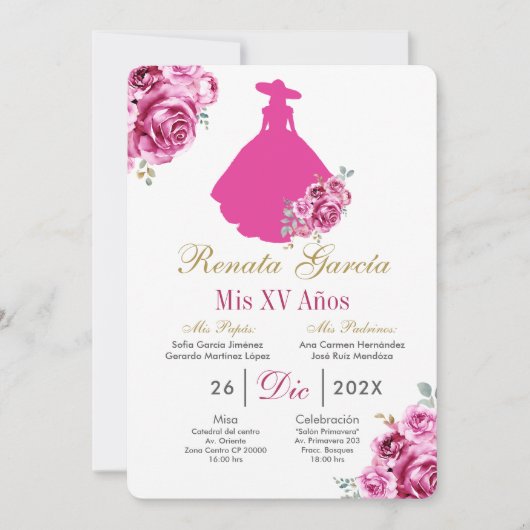 Mexican Pink Escaramuza Quinceanera Invitation Kaart (Voorkant)