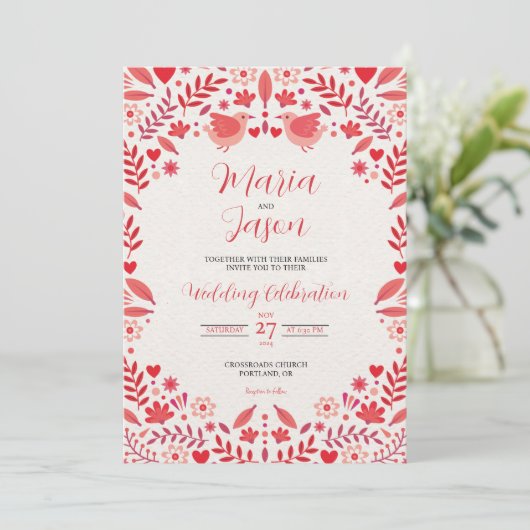 Mexican Pink Red Floral Elegant Aesthetic Wedding Kaart (Staand voorkant)