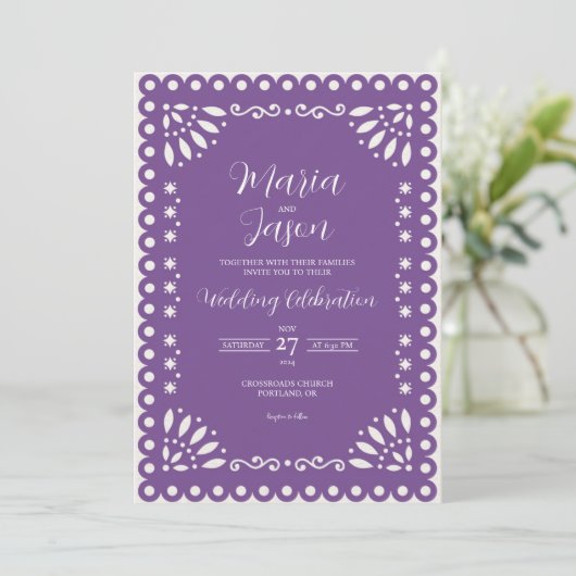 Mexican Purple Papel Picado Traditional Wedding Kaart (Staand voorkant)